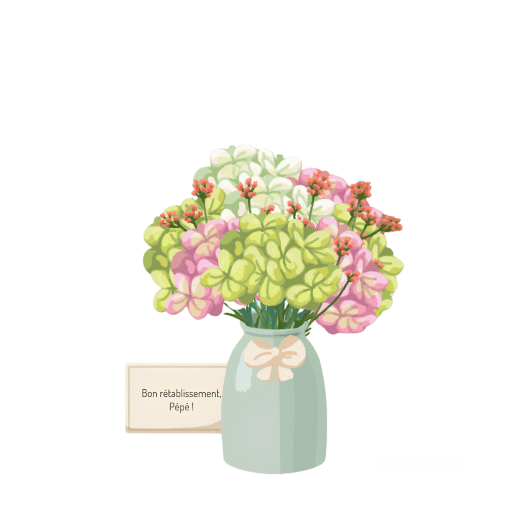 Un bouquet de Hortensia. le mot dit : "bon rétablissement, pépé !"