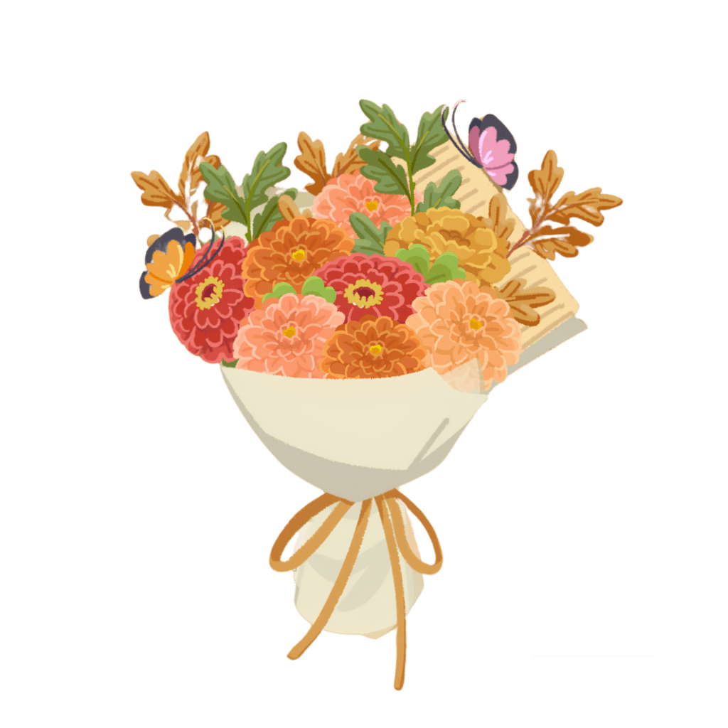 Un bouquet de dahlias oranges, rouges et rose saumon