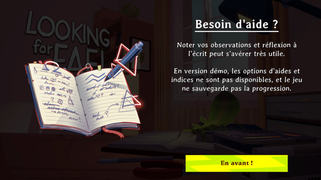 Mise en garde pas de sauvegarde ni indice dans la version démo