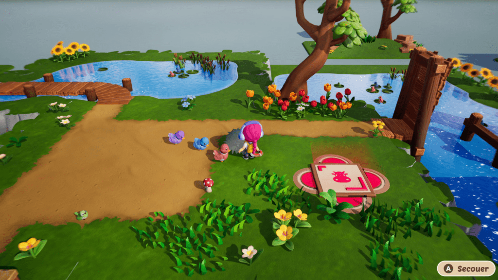 Mazey Village - Personnage suivi par 3 canards colorés (rose, bleu, violet)
