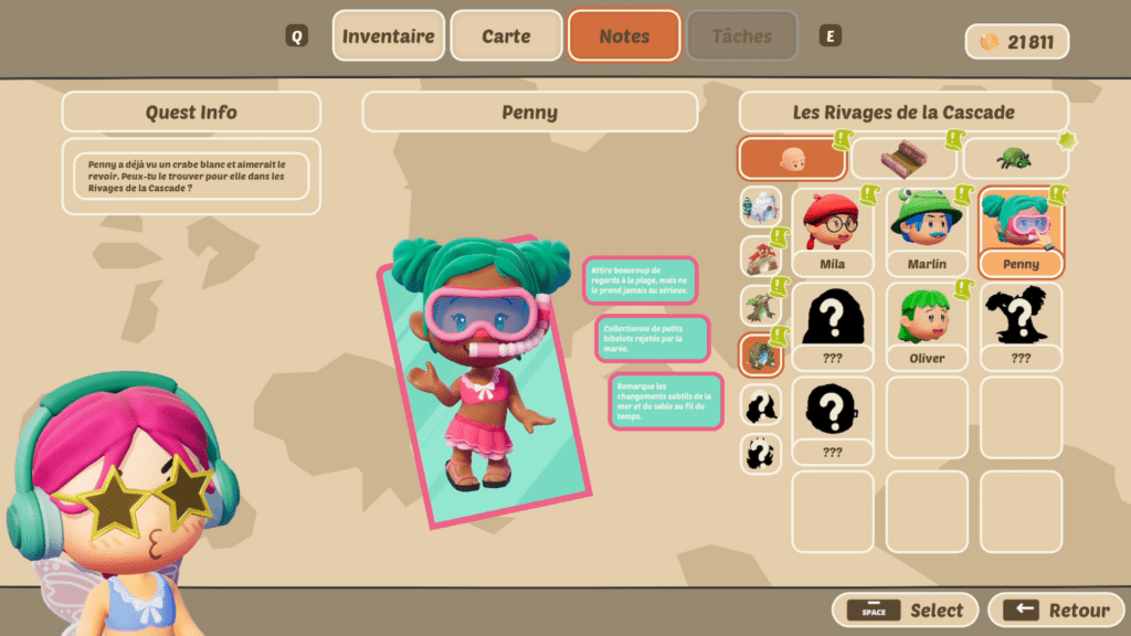 Mazey Village - Montre la fiche d'un personnage "Penny" avec sa quête en cours et la liste de personnage de la zone