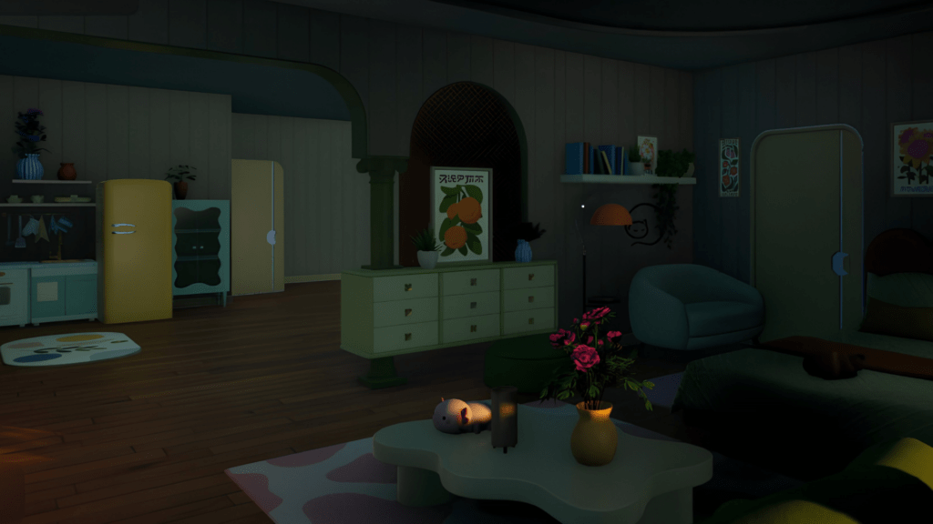 Tiny Eden - intérieur de l'appartement, le soir